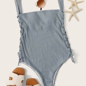 Textured lace up one-piece swimsuit